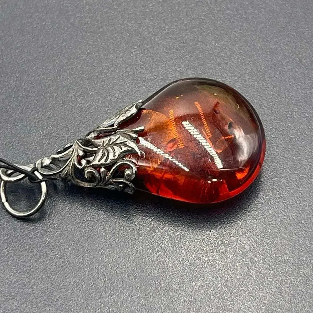 Genuine Dark Baltic Sea Amber Sterling Silver Teardrop Healing Stone Pendant‎